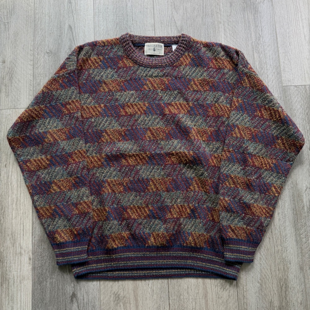 Vintage 90s Segreto Linea Italiana Mens L Italy Wavy Knit Sweater Wool Blend